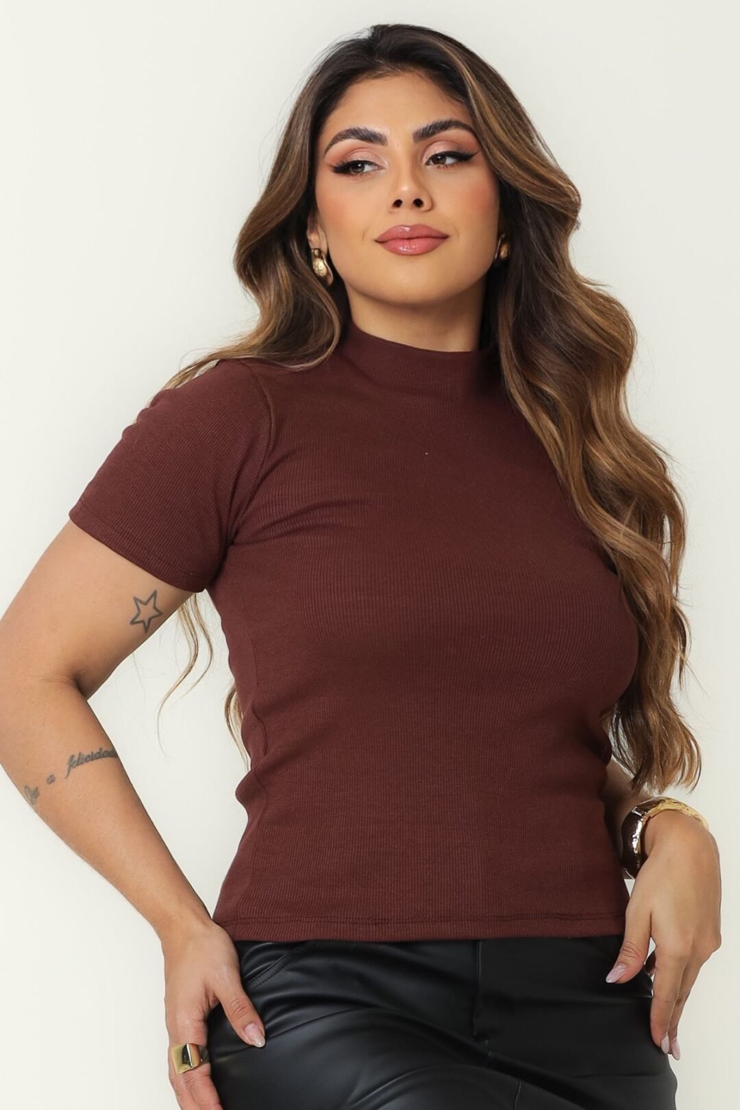 Camiseta Gola Alta Ribana- Marrom