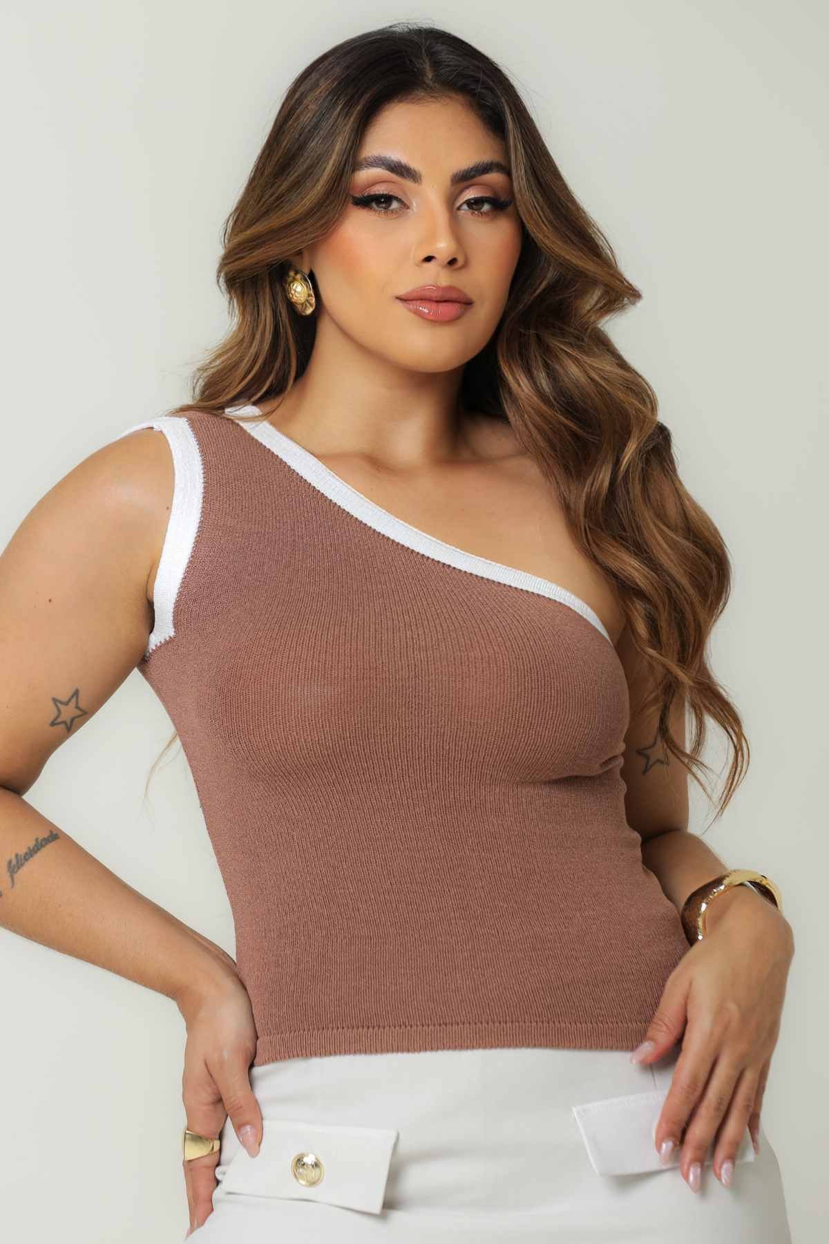 Blusa Ombro Único Bicolor Modal- Chocolate