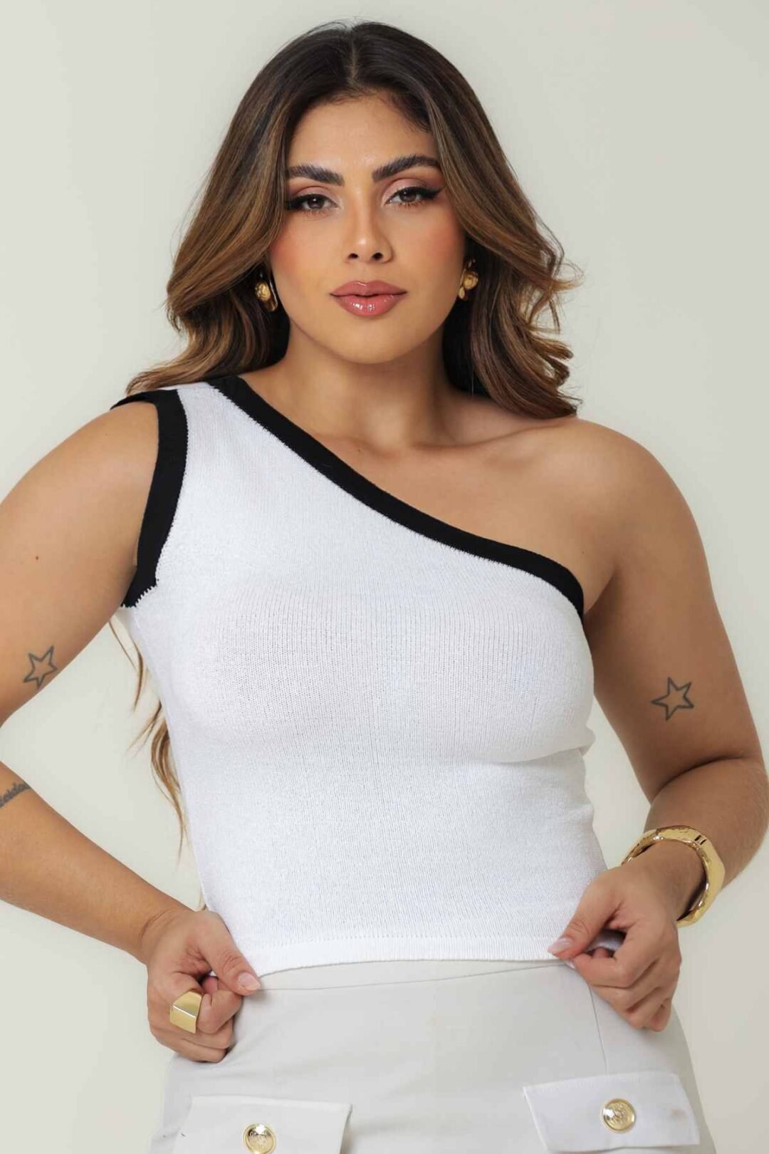 Blusa Ombro Único Bicolor Modal- Branco