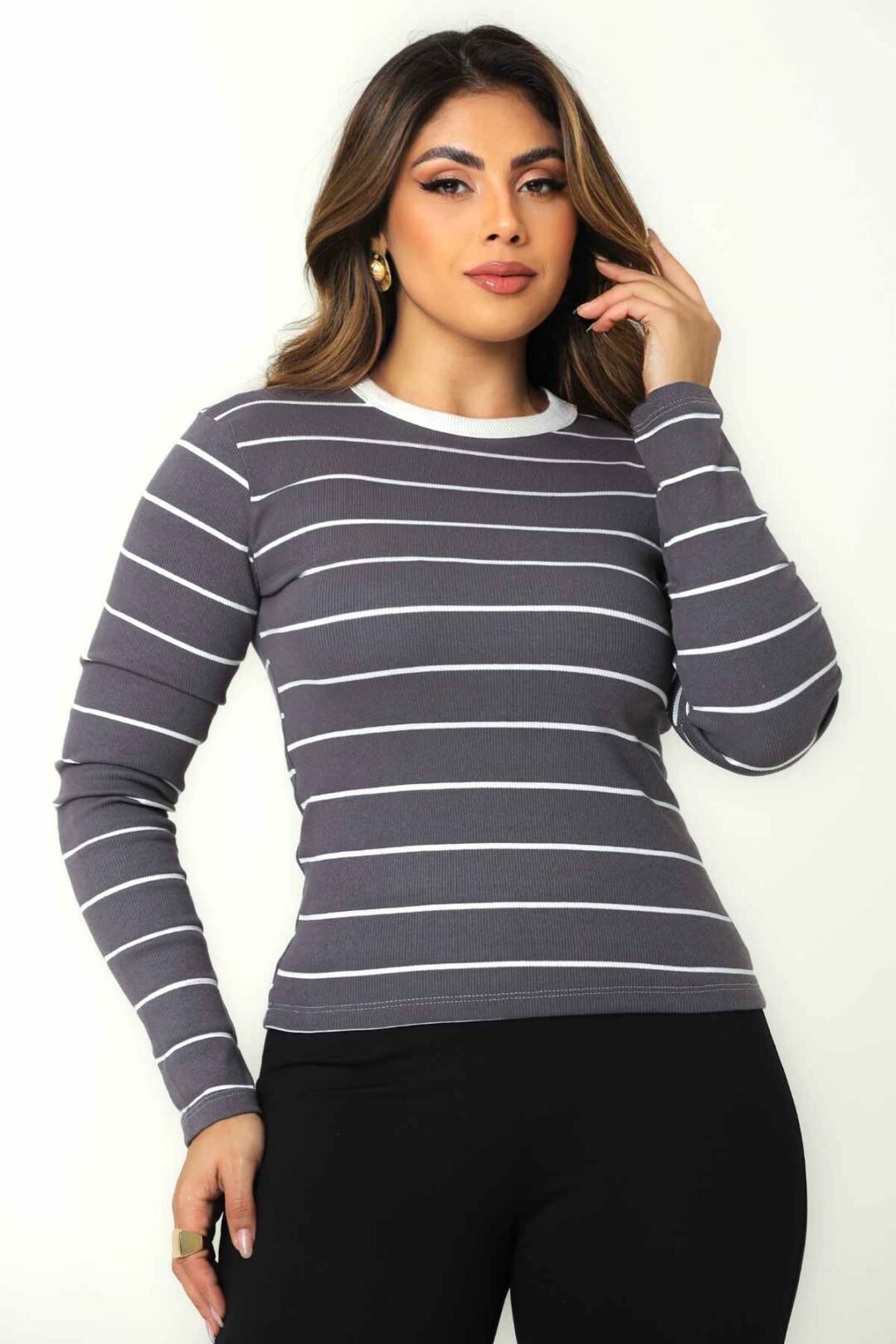 Blusa Manga Longa Listrada Bicolor