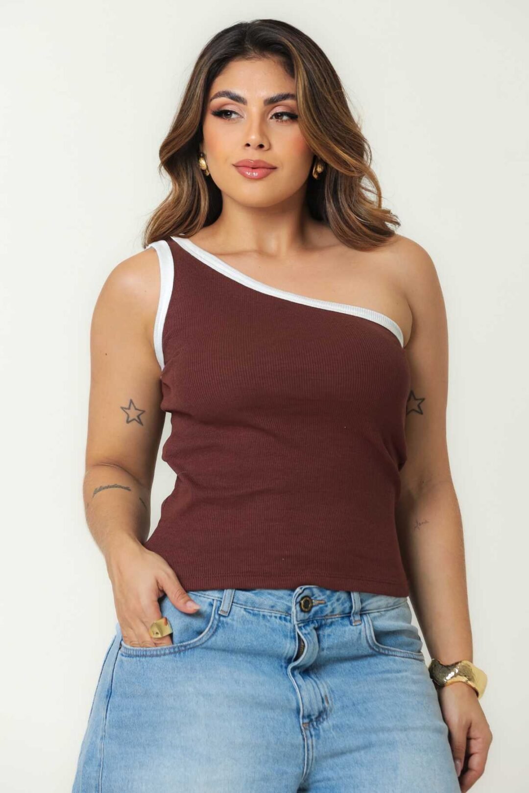 Blusa Ombro único bicolor Ribana- Marrom