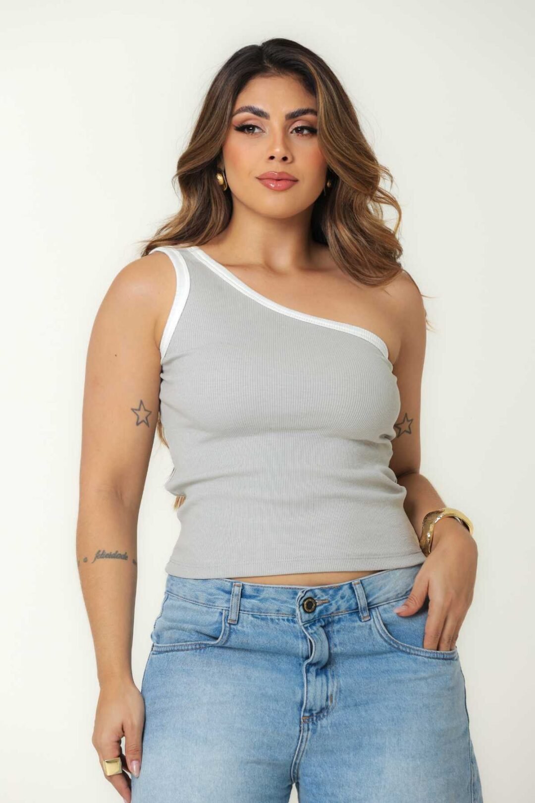 Blusa Ombro único bicolor Ribana- Cinza