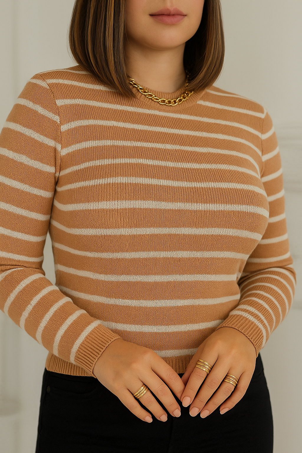 Blusa Catrina Listrada Inverno- Marrom e Branco