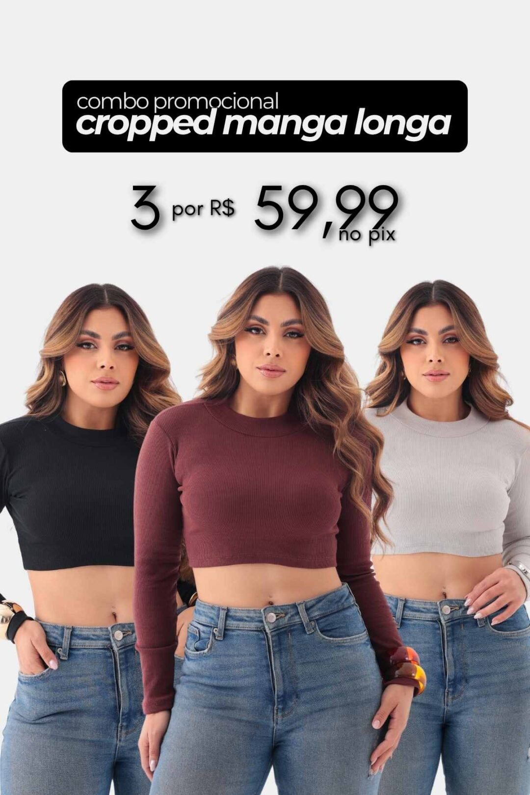 Combo Cropped Manga Longa - 3 Peças