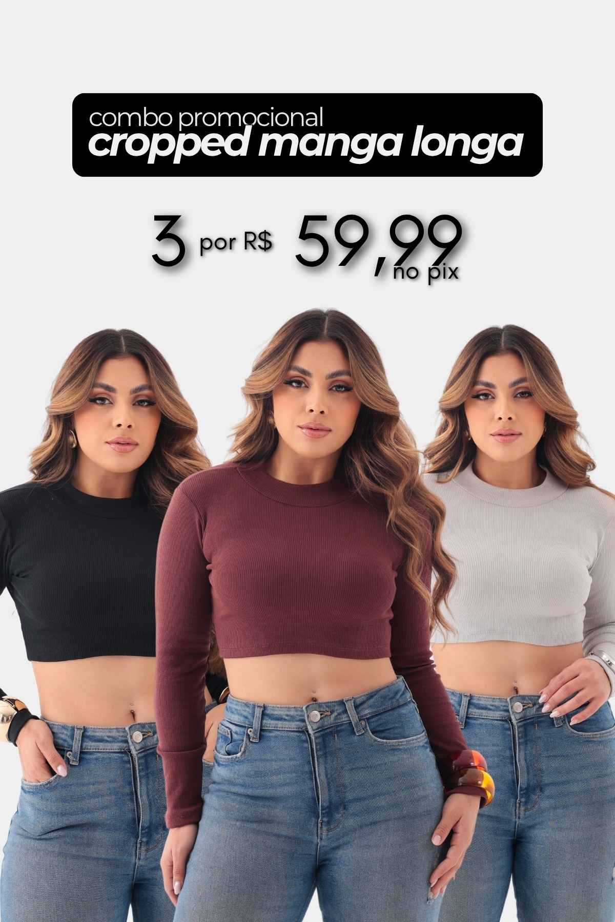 Combo Cropped Manga Longa - 3 Peças